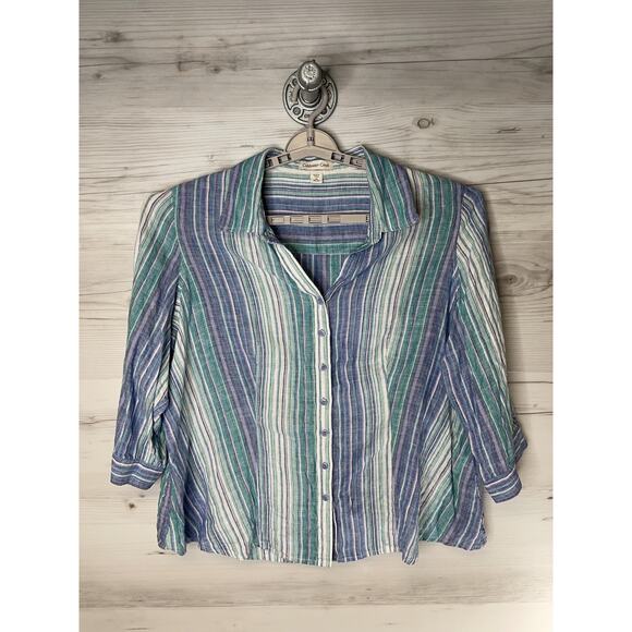 Coldwater Creek Shirt Womens 2X Linen Striped Button Up Tunic 3/4 Sleeve Top - Picture 1 of 8